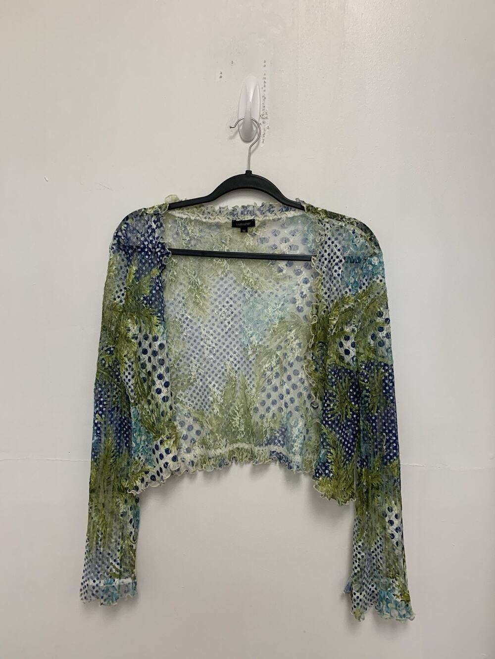 Komarov Sweater Womens M Blue Green Sheer Lace Abstract Artsy Cardigan Layer